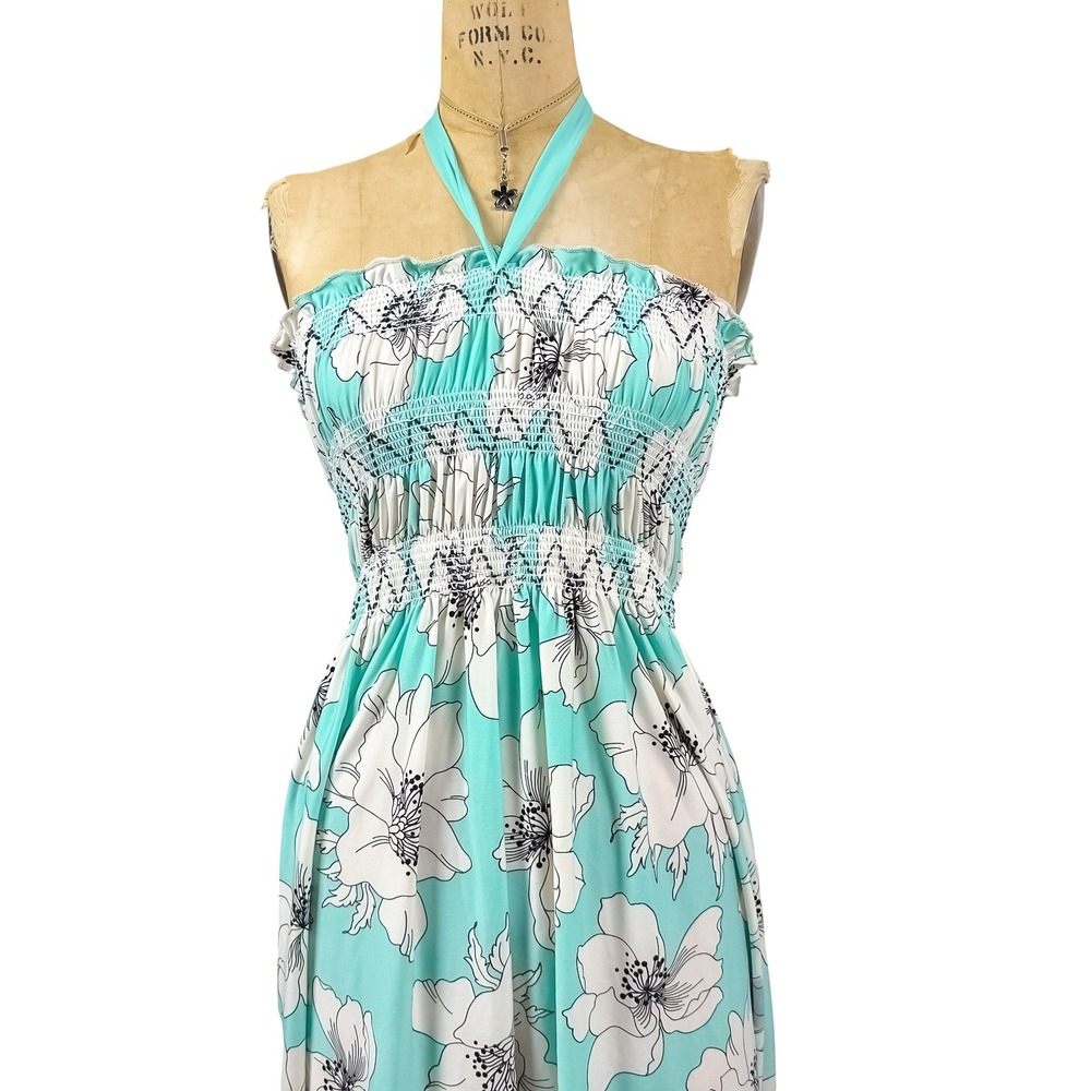2000s Floral Halter Dress Turquoise Smocked Waist Tropical Beachy Boho Size S - Picture 6 of 8